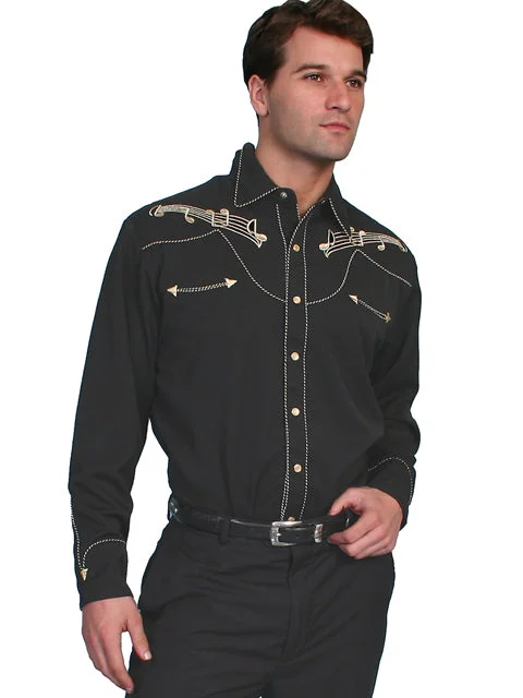 Scully Men's Black Music Notes Embroidered Shirt P627