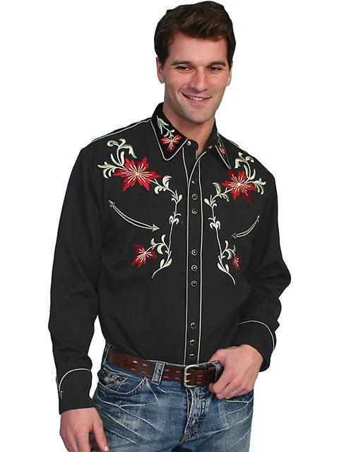 Scully Men's Floral Embroidered Black Western Shirt