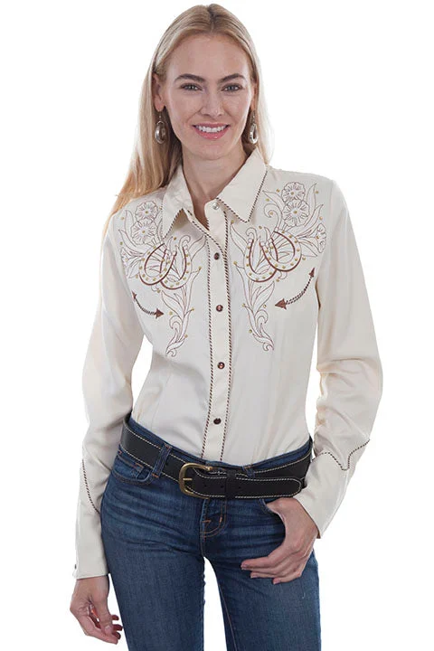 Scully Women's Long Sleeve Ivory Horseshoe Embroidered Snap Shirt