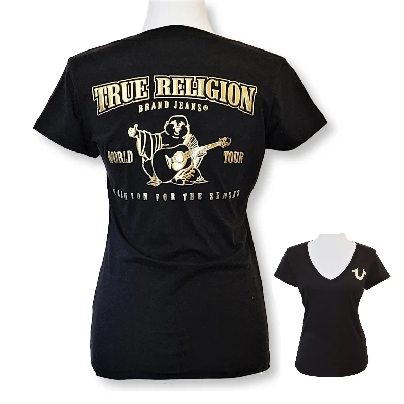 True Religion Women's Gold Metallic Buddha  Logo Graphic Print Cotton T-Shirt