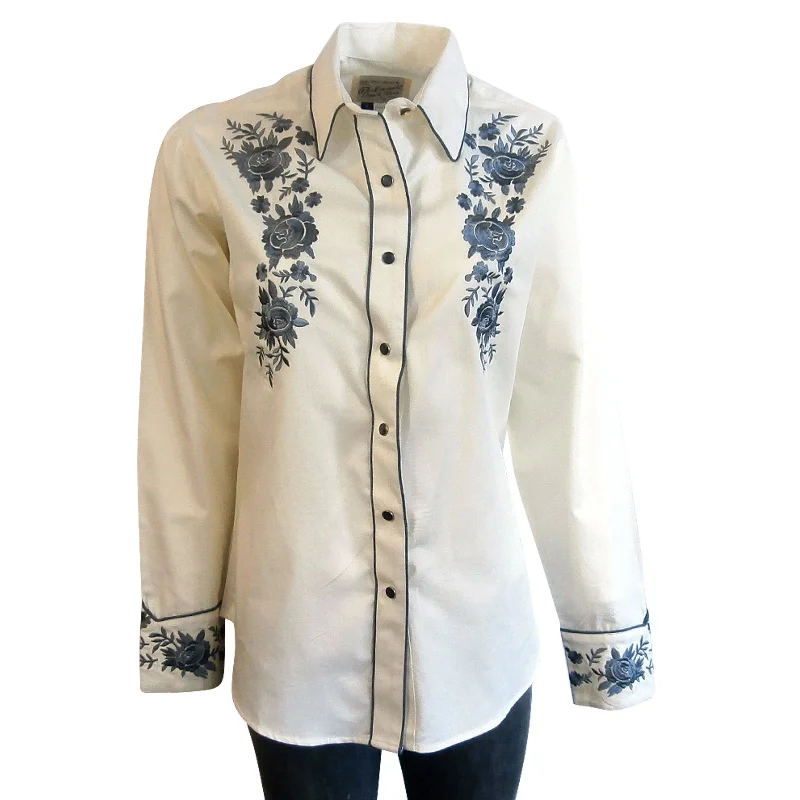 Women's Ivory Cascading Blue Floral Embroidery Snap Shirt